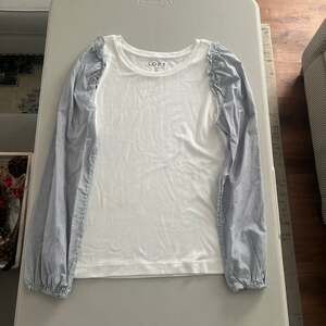 LOFT Mixed Media Striped Puff Sleeve Top, White/Blue, Size XS